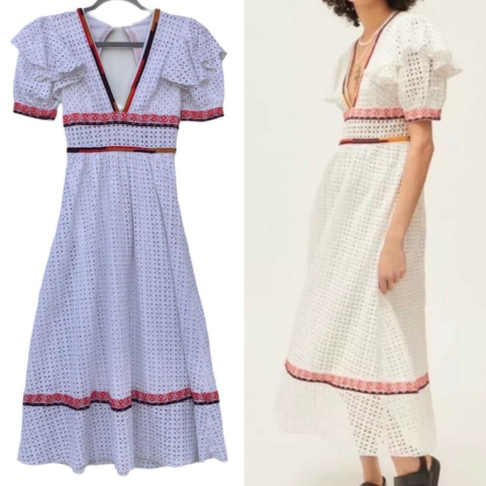 UO Madiera White Eyelet V Neck Midi Dress XS